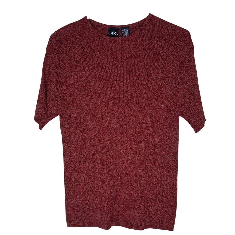 Erika VTG NWT XL Short Sleeve Knit Sweater Top Amber Dark Chocolate Marled Red